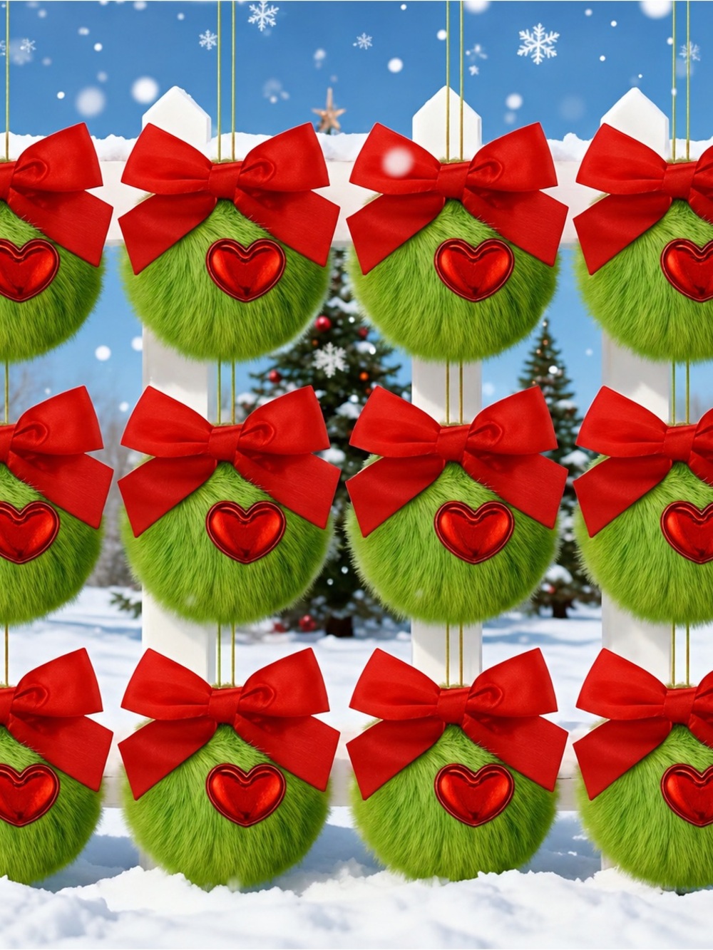 9 Christmas Plush Green Ornament with Red Bow and Heart – Holiday Home Decor - Picture 2 of 7